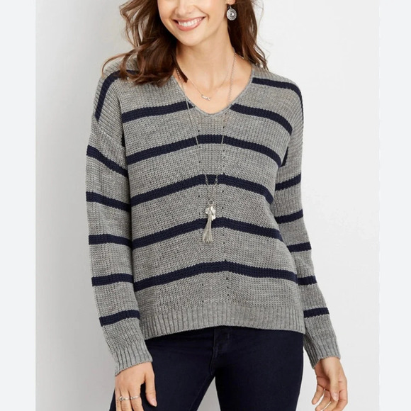 Maurices Heather Gray & Navy Blue Striped V-neck Knit Sweater Small Women’s - Picture 1 of 11